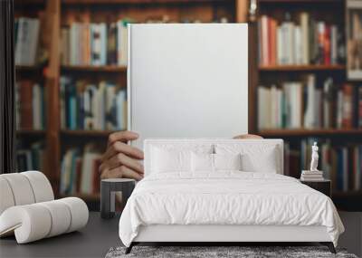 close up photo of a blank book white empty cover mockup being held by a person in a cozy library. perfect for illustrating book design, publishing, and educational themes. Photo Wall mural