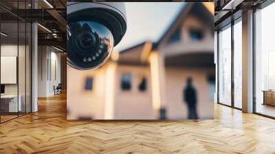 Closeup of a sleek electronic security camera mounted in front of a house, actively recording and monitoring. A blurred figure of a thief in black clothes is partially visible in t Wall mural