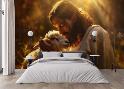 divine photo of Shepherd Jesus Christ gently reassuring a frightened lamb, surrounded by soft light, conveying his presence as the loving protector and guide of his flock, Wall mural