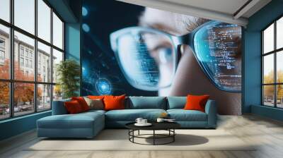 eyes of focused male IT specialist analyzing complex data streams, surrounded by augmented reality holograms and artificial intelligence visualizations, symbolizing advanced techno Wall mural