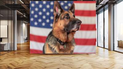 faithful German shepherd standing proudly in front of the USA flag on the 4th of July, creating a patriotic and festive atmosphere that celebrates the bond between humans and their Wall mural