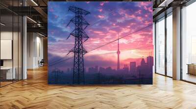 high-voltage line and towering Hackel tower against a city skyline at sunset, with a stunning sky backdrop. Perfect for illustrating the integration of energy technology in urban e Wall mural