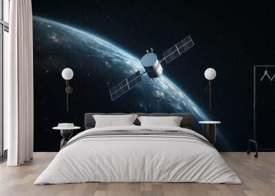 Minimalist 3D satellite model floating silently in space, with a dark starry background and a simple design that emphasizes the solar panels and communication dishes – photo Wall mural