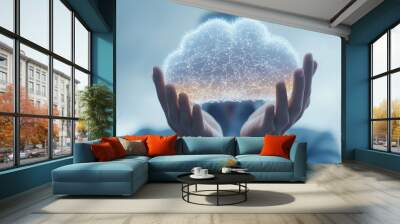 person holding a radiant virtual cloud above their head, with illuminated graphics of gears and data flowing around it, illustrating the transformative impact of cloud technology o Wall mural