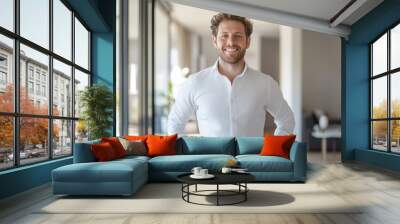 photorealistic portrait of a smiling young businessman standing in a modern apartment interior, representing success in property investment and real estate agreements. Great for vi Wall mural