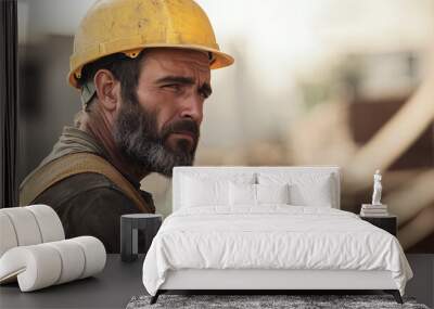 portrait of an exhausted manual worker at the construction site, showing the toll of the day’s labor yet carrying a sense of pride in his work. photo Wall mural