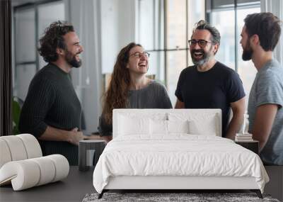 Portraits of a group of businesspeople standing together in an office, laughing and engaging in lively conversation. The image captures the camaraderie and positive communication a Wall mural