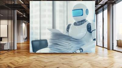 robot with advanced features, such as articulated arms and a display screen, efficiently organizing a pile of bankruptcy paperwork. The background can include a contemporary legal Wall mural