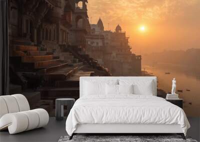 Scenic image of Varanasi's ancient architecture, highlighting the iconic Manikarnika ghat at sunset, evoking the spiritual essence and historical charm of this sacred city in India Wall mural