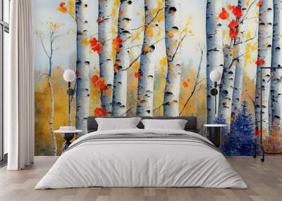 Abstract illustration of forest with birch and aspen trees, watercolor brush. Bright autumn colors. 3d illustration Wall mural