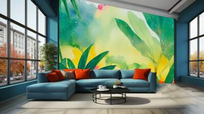 Picturesque jungle landscape with tropical plants painted with watercolor. Backdrop. 3D illustration Wall mural