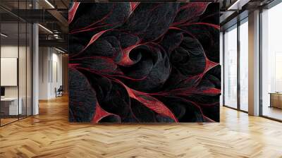 Trendy, abstract floral pattern, elegant, red and black color modern design wallpaper. Colorful leaves and flowers. Asymmetrical ornament, amazing graphic backdrop. Illustration. Wall mural