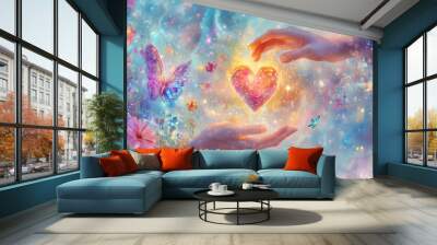 Two hands reaching out towards each other, one from above and one from below, with a heart in the center surrounded by flowers and a crystal butterfly on the left. Light dots and swirling waves  Wall mural