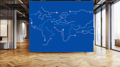 Flying airplanes world map abstract vector background - flying white airplanes routes on blue background - Air travel concept - line art illustration  Wall mural