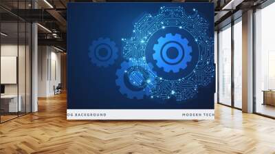 Gear abstract technology background blue - circuit board cog shape - High tech digital technology vector Wall mural