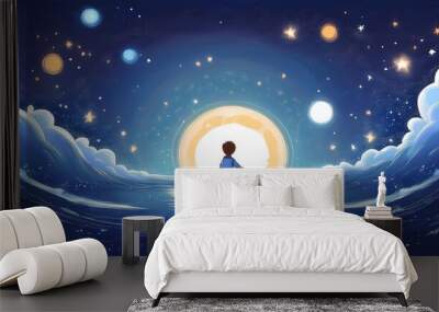 Boy on a lake in a small boat in Front of the moon and lots of stars in the night sky Comic Sketch Style Wall mural