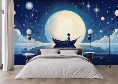 Boy on a lake in a small boat in Front of the moon and lots of stars in the night sky Comic Sketch Style Wall mural