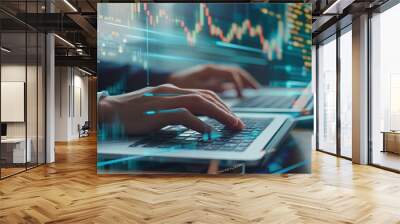 hands working on a computer showing symbols for stocks and trading and finance Wall mural