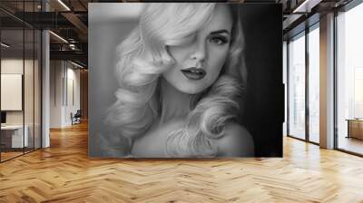 Beautiful bride blonde with stylish make-up in white dress Wall mural