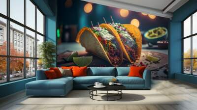 Fresh Tacos and lime with soft lighst in the back. Generative AI Wall mural