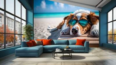 vacation on maldives, dog with sunglasses. Generative AI Wall mural