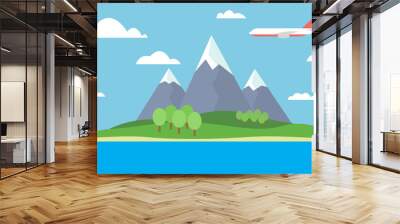 Cartoon view of the island in the sea with mountain landscape with red flying airliner with trees on the hills and snow on the peaks under a blue sky with clouds - vector Wall mural