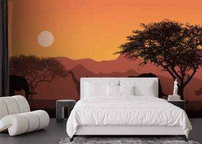 Flat design illustration of african landscape with silhouettes of safari animals. Elephant and rhino under the trees. Grazing giraffes under the orange sky, vector Wall mural