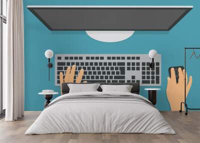 Flat design illustration of computer keyboard, mouse and monitor in office on desk. Hands writing text, vector Wall mural