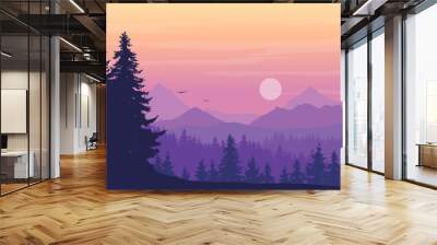 Landscape with high mountains and coniferous forest in multiple layers, with flying birds and sun or moon on yellow purple sky and cloud, with space for text Wall mural