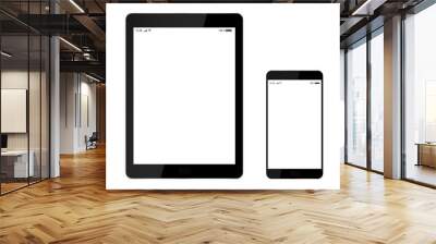 Realistic illustration of a black mobile phone or smartphone and tablet with a button, a camera and a blank white screen and a space for a text - vector Wall mural