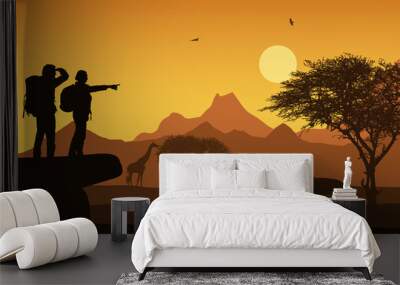 Realistic illustration of african safari with mountain landscape and trees, lion and giraffe and flying bird. Two hikers with backpacks, man and woman under orange sky with rising sun, vector Wall mural