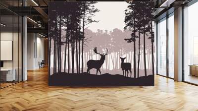 Realistic illustration of landscape with coniferous forest and morning retro sky. Deer and doe with antlers standing. Suitable as advertising for hunting or nature, vector Wall mural