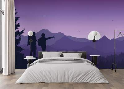 realistic illustration of two tourist, man and woman with backpack, mountain landscape with coniferous forest under purple sky with flying birds, vector Wall mural