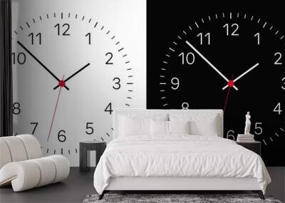 Set of Realistic illustration of a black and white clock face with numbers and a clock and a red center. Isolated on background, vector Wall mural