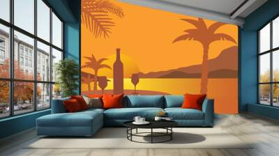 Table with wine bottle and two glasses, on a beach with palm trees, under an orange sky with the setting sun Wall mural