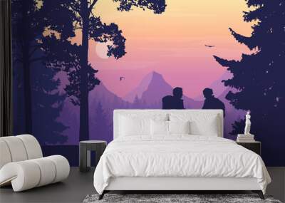 Two tourists, man and woman with backpacks together standing in the woods looking for a path on the map, mountain landscape with flying birds, purple sky, rising sun and clouds Wall mural