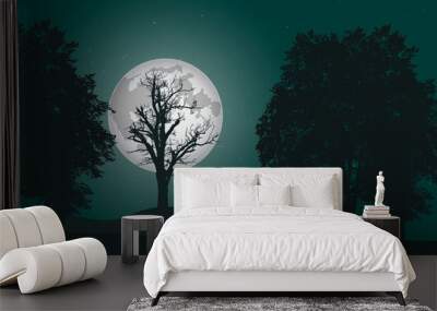 vector illustration of a deep deciduous forest under a night sky with full moon Wall mural