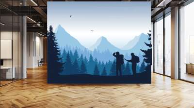 Vector illustration of a mountain landscape with a forest and two tourists, man and woman with backpacks showing his hand and looking into the distance Wall mural