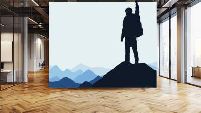 Vector illustration of a mountain landscape with a realistic silhouette of a climber at the top of a rock with a winning gesture Wall mural