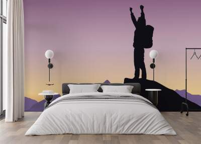 Vector illustration of a mountain landscape with a tourist on top of rock celebrating success Wall mural