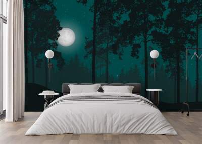 Vector illustration of a night landscape with forest and night sky Wall mural