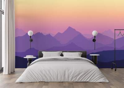 Vector illustration of mountain landscape with multiple layers, fog and yellow purple sky Wall mural