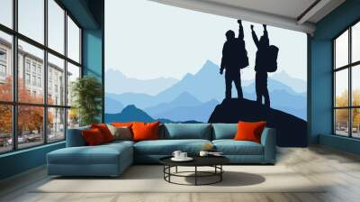 Vector illustration of mountain landscape with two men on top of rock celebrating success Wall mural