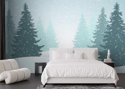 Vector illustration of winter forest with snow and mist, suitable as greeting card Wall mural