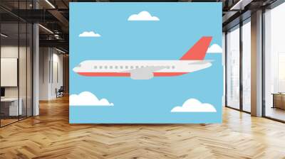 View of the large and fast line airliner flying among the clouds in the blue sky - vector Wall mural