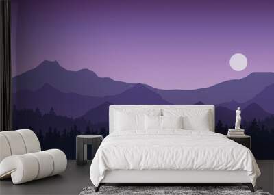 Wide realistic illustration of mountain landscape with forest and trees. Purple night sky with moon or sun, vector Wall mural