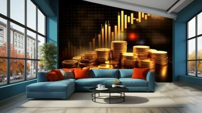 Stack of gold coins with trading graph, Financial Background, Golden Finance Image, Golden coin collection, AI Generative Wall mural