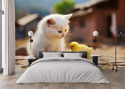 A cute kitten and chicken on the farm. Wall mural