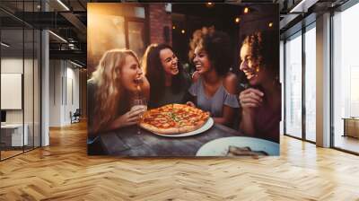 Group of friends have fun in pizzeria. Wall mural