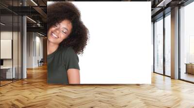 Natural beautiful young woman with curly hairs on isolated white background. Wall mural